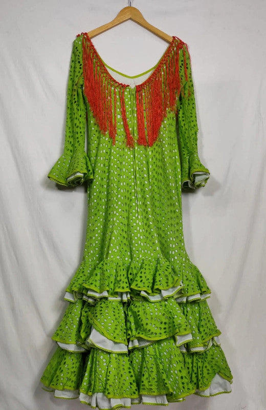 Vestido verde con ojales y flecos talla M flamenca gitana feria de abril España española
