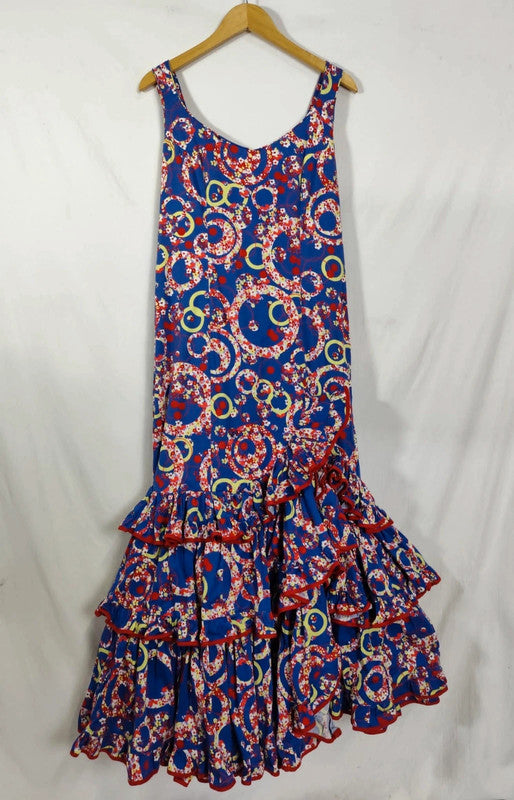 Vestido azul hecho a mano, revuelo 2014. Con circulos multicolores. Talla 38/40